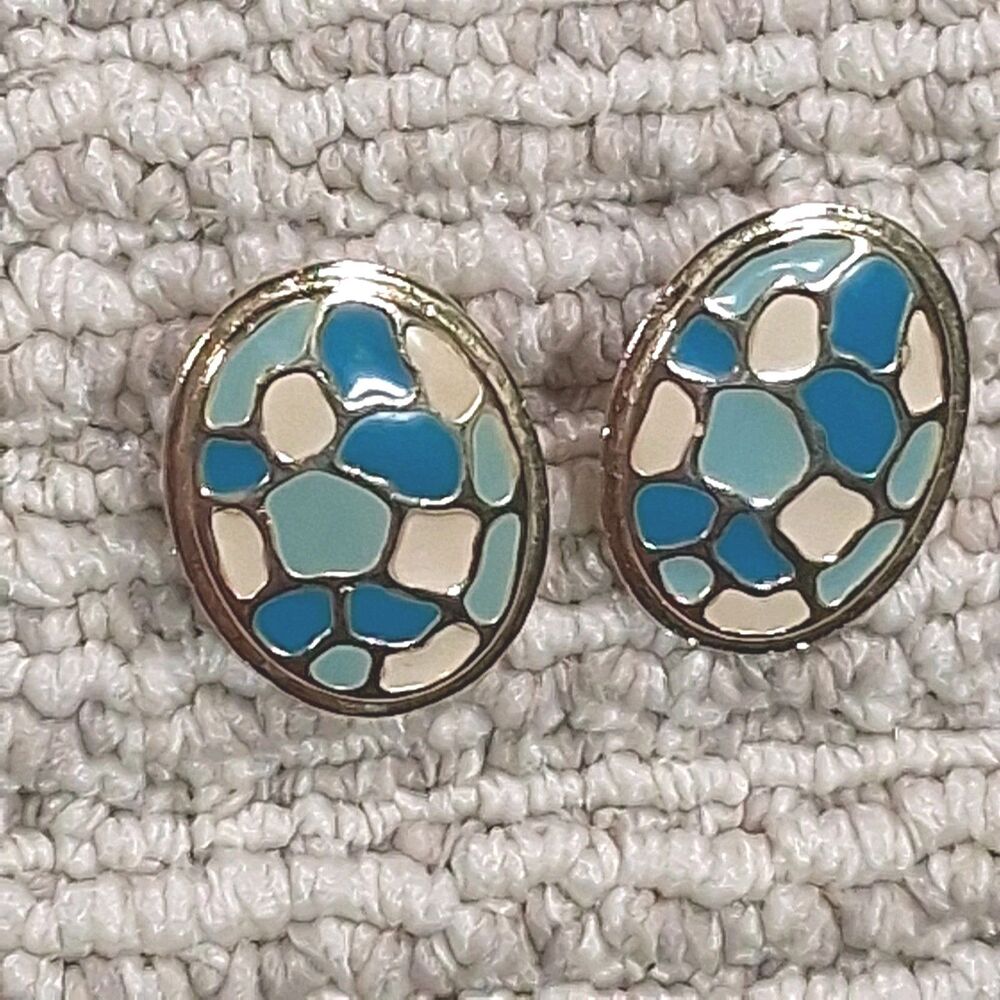 VINTAGE W&H GOLD TONE BLUE CREAM MOSAIC ENAMEL OVAL STUD PIERCED EARRINGS PAIR